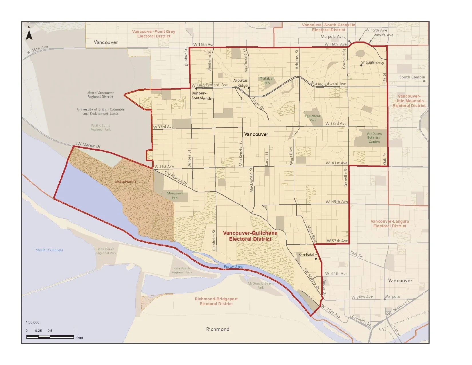 Map of the Vancouver-Quilchena electoral district, covering Dunbar, Kerrisdale, Arbutus Ridge, Shaughnessy, and Quilchena.